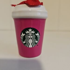 Starbucks Vibrant Pink Cup Ornament with Red Ribbon